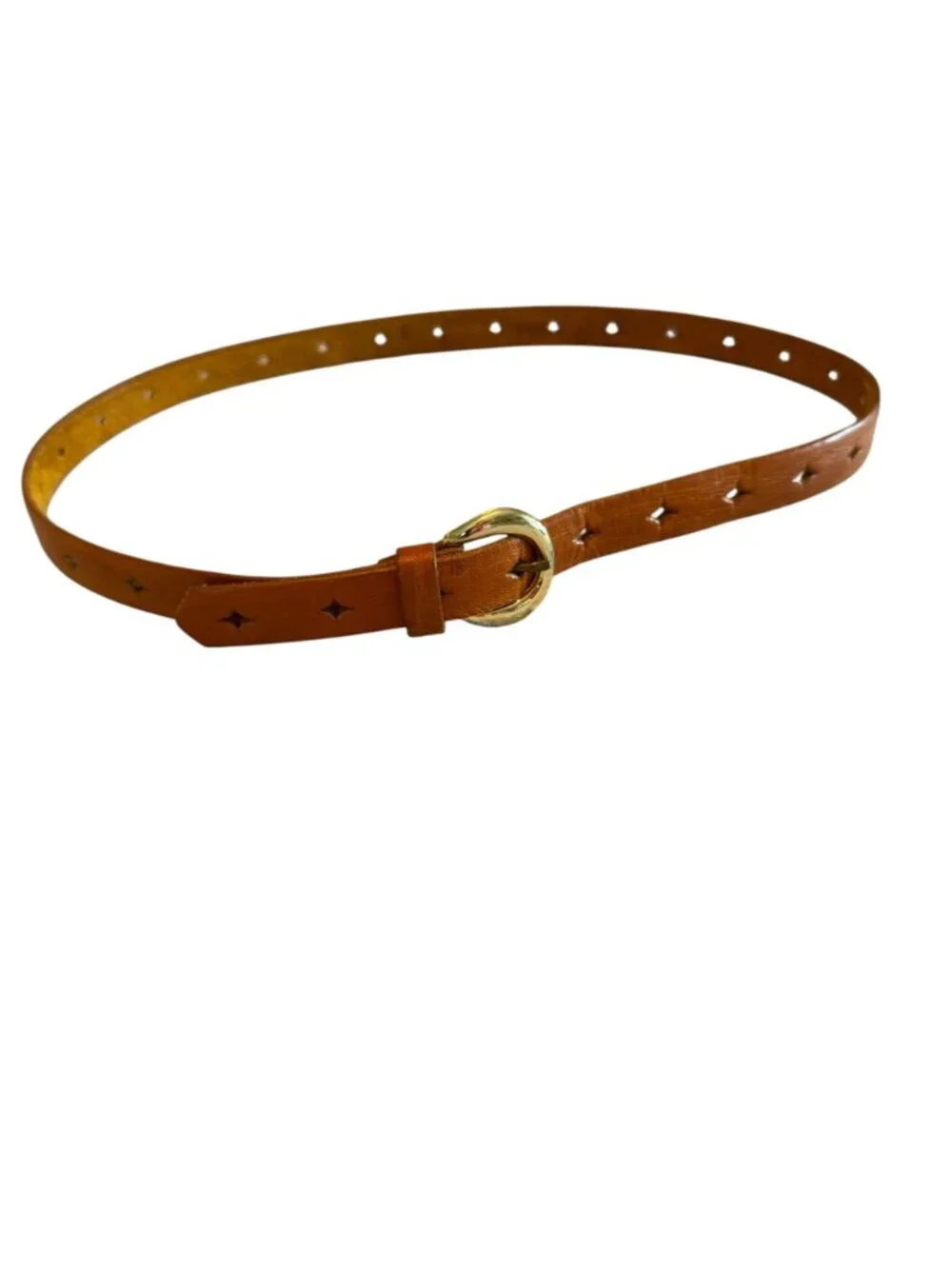 Vintage Skinny Boho Leather Belt With Diamond Cutouts And Gold Buckle Girls